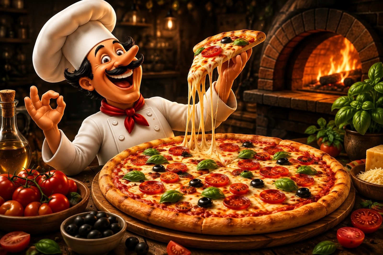 Chef da Peg Prático Pizzas tirando uma fatia de pizza do forno a lenha
