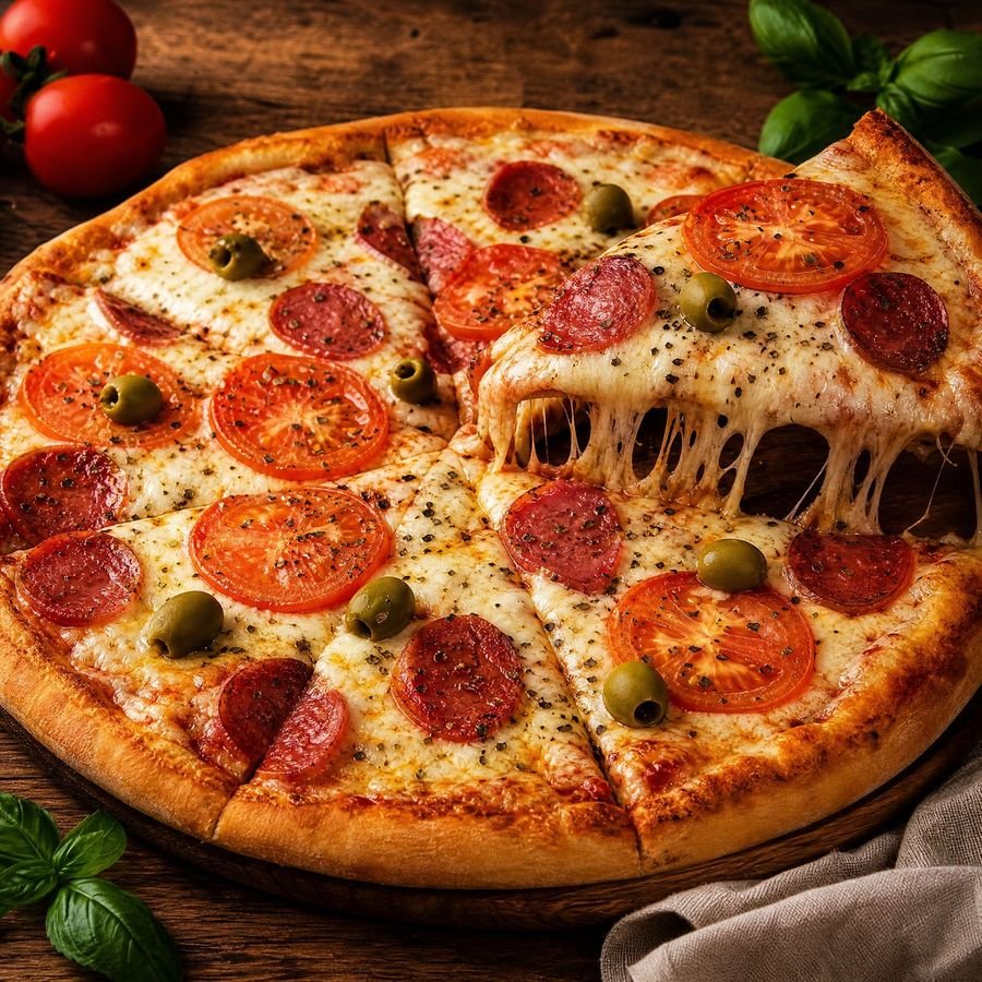 Pizza artesanal da Peg Prático Pizzas vista de perto